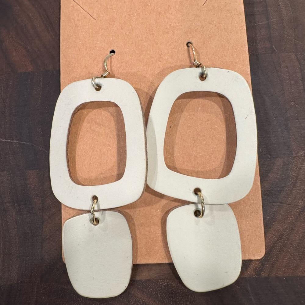 Modern Geometric Leather Drop Earrings in Cream